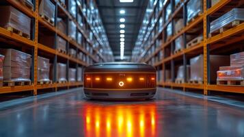 An automated robot moves along the aisle of a large warehouse, efficiently sorting and transporting inventory between shelves of stacked pallets in a bustling logistics hub. photo