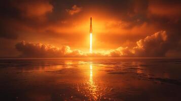 A massive rocket ascends into the sky during dawn, its powerful engines igniting and casting a vivid glow, while the calm waters below mirror the stunning colors of the launch. photo