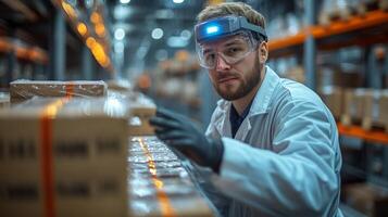 A warehouse worker in protective gear focuses on sorting packages for timely fulfillment while ensuring inventory is organized in a busy distribution center. photo