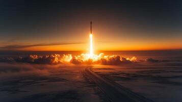 Rocket lifts off against a backdrop of clouds and an orange sky, displaying the incredible force of propulsion as it begins its journey into space during early morning light. photo