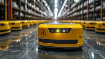 Autonomous robots navigate through a vast warehouse, organizing and sorting inventory for seamless distribution. The facility is designed for high efficiency logistics operations. photo