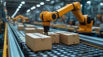 A robotic arm efficiently sorts cardboard boxes on a conveyor belt in a bustling logistics hub, optimizing the inventory processing during peak operational hours. photo