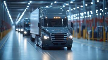 Heavy trucks navigate through a spacious warehouse designed for logistics and distribution, highlighting the busy operations of shipping and inventory handling. photo