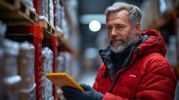 A worker in a red jacket reviews stock levels using a tablet amidst organized shelves in a bustling warehouse, ensuring efficient inventory management and distribution processes. photo