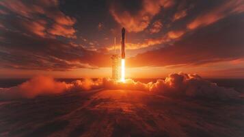 Rocket ignites as it ascends into the sky during a stunning sunset. Dramatic clouds surround the launch site, highlighting the power of modern aerospace technology. photo