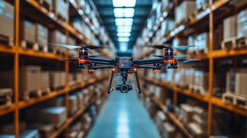 A drone is actively scanning and managing inventory amidst rows of stacked boxes in a busy logistics warehouse, showcasing modern distribution practices. photo