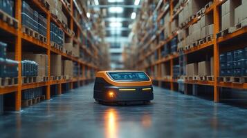 An automated robot moves through a large warehouse filled with organized shelves of products. It performs sorting and inventory tasks in a streamlined environment focused on logistics. photo