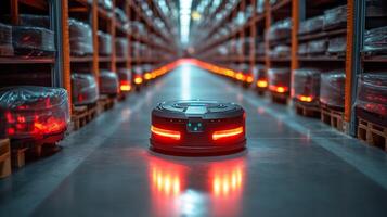 A sophisticated robot with glowing lights moves along the aisle of a warehouse, organizing inventory among stacked pallets for streamlined distribution. photo