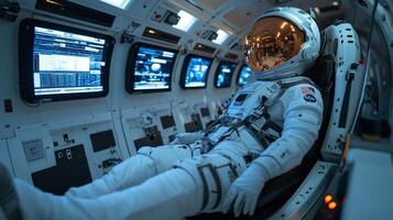 un astronauta es situado en un astronave, completamente adecuado y Listo para lanzamiento. foto