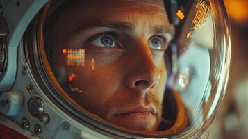 An astronaut gazes intently inside their helmet, reflecting on the mission ahead, embodying the spirit of exploration and the challenges of space travel. photo