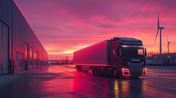 A truck stands ready at a logistics hub as a colorful sunset casts a glow over the warehouse. The setting highlights the importance of storage and distribution in seamless operations. photo
