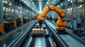 A robotic arm is actively sorting boxes on a conveyor belt in a busy warehouse, showcasing innovative automation techniques in logistics and inventory management. photo