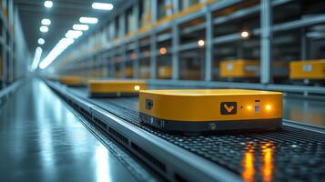 Yellow automated robots efficiently move along the conveyor system in a modern warehouse, sorting and delivering inventory for fulfillment tasks. photo