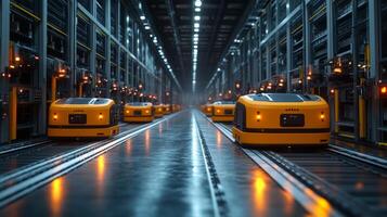 Automated robots efficiently transport and sort inventory across a high tech logistics warehouse at dusk, enhancing the fulfillment process and optimizing storage capabilities. photo