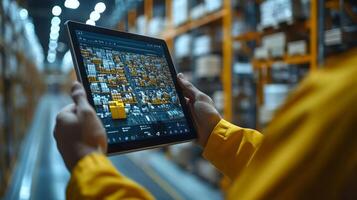 Worker in a yellow jacket, utilizes a digital tablet to manage inventory at a busy logistics hub filled with boxes and organized shelves in a well lit warehouse. photo