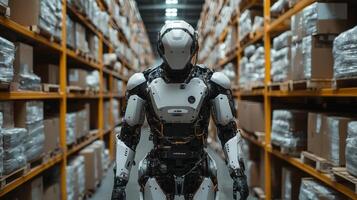 A humanoid robot navigates through a warehouse filled with stacked boxes, actively participating in logistics and inventory management tasks to streamline operations. photo