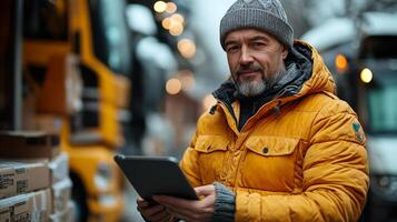 A logistics expert stands outside a distribution hub, wearing a warm jacket, using a tablet to manage inventory while delivery trucks are parked in the background. photo