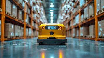 A robotic device navigates through an expansive warehouse filled with shelves of neatly stacked boxes, optimizing sorting and fulfillment processes. photo