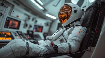 Astronaut sits in a cockpit, fully suited, readying for the upcoming launch. The surroundings feature monitors and control panels vital for supporting the flight. photo
