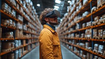 A person wearing virtual reality goggles navigates an expansive warehouse filled with stacked boxes. The focus is on utilizing technology for inventory solutions. photo