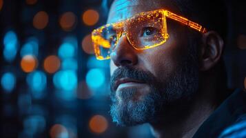 A logistics professional evaluates inventory using advanced augmented reality glasses in a modern warehouse hub during evening hours. Bright lights illuminate the setting. photo