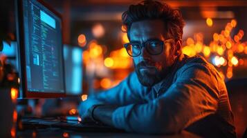 A man is deep in concentration at his desk, surrounded by glowing computer screens, showcasing a vibrant and engaging work environment. The warm lights enhance the innovative feel. photo