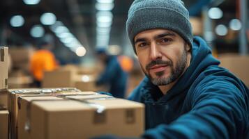 A skilled worker is engaged in organizing and sorting cardboard boxes for logistics and fulfillment in a vibrant warehouse distribution hub during daylight hours. photo