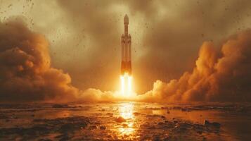 A rocket is launching into the atmosphere, producing intense flames and smoke as it ascends. The powerful propulsion system demonstrates the technology behind modern spaceflight. photo
