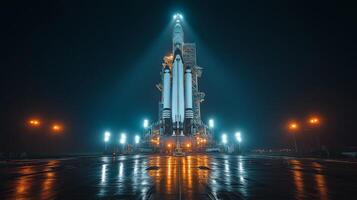 The rocket stands tall on the launch pad under bright lights, ready for a spaceflight mission, showcasing its innovative design and propulsion technology. photo