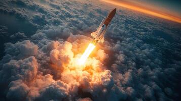 Rocket launches into the sky, piercing through clouds at sunset, showcasing powerful propulsion and the excitement of space exploration and aerospace innovation. photo