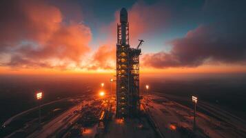 Rocket stands tall on the launch pad as the sun sets, showcasing its advanced specifications including retropropulsion and heatshield technology, preparing for an upcoming mission. photo