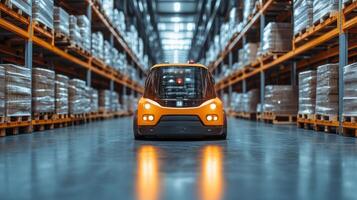 An automated vehicle moves efficiently along a well organized warehouse aisle, surrounded by neatly stacked pallets of goods as part of inventory control and logistics management. photo