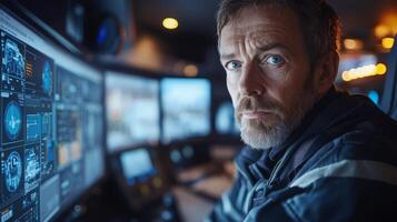 A logistics professional closely analyzes data on multiple screens while managing warehouse operations. The focus is on inventory management and distribution efficiency during a busy shift. photo