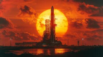 A rocket stands ready for launch against a stunning sunset backdrop, illustrating the power of propulsion and the excitement of upcoming spaceflight endeavors. photo