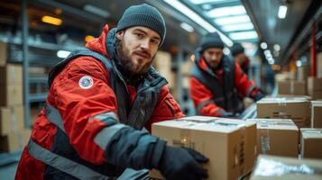 Two workers in warm jackets are sorting packages in a well organized warehouse space, ensuring efficient inventory processing and fulfillment during peak hours. photo