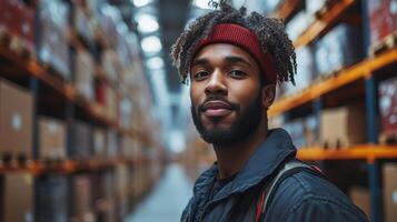 A young man stands confidently among rows of stacked boxes in a busy warehouse focused on inventory management and sorting tasks essential for fulfillment operations. photo