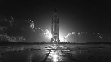 A massive rocket stands poised for lift off at a launch facility, its structure illuminated against a dramatic backdrop of clouds and early dawn light, ready to enter orbit. photo
