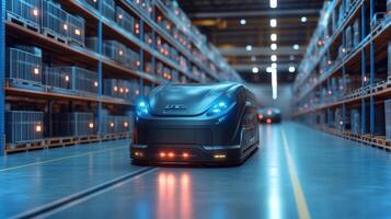 A sleek automated guided vehicle moves through a well organized logistics warehouse, focusing on streamlining inventory management and enhancing the fulfillment process. photo