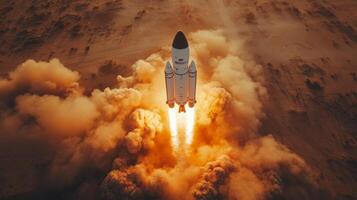 Rocket ascends into the sky as powerful thrusters ignite, sending plumes of smoke and flames into the atmosphere while embarking on a mission for space exploration and recovery. photo
