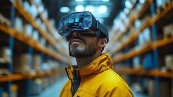 A person wearing a virtual reality headset, engages with digital tools in a high tech warehouse designed for logistics and inventory organization during a busy operational period. photo