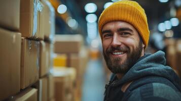 A cheerful worker is sorting and organizing packages in a bustling logistics warehouse, showcasing teamwork and efficiency in the distribution process. photo