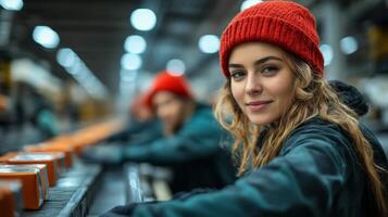Workers efficiently sort and prepare packages for shipping in a busy logistics warehouse. The environment is vibrant with activity and teamwork among staff in red hats. photo