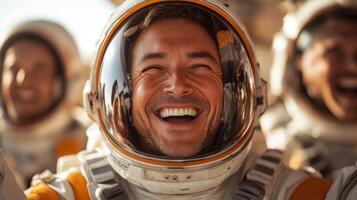 Joyful astronauts share smiles and celebrate their successful spaceflight mission after completing retropropulsion landing and safe recovery. photo
