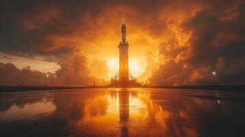 A rocket stands poised for launch on the pad as the sun sets, illuminating dramatic clouds and creating a breathtaking reflection on the wet ground, showcasing the power of aerospace technology photo