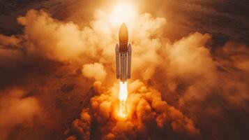 A powerful rocket ascends with intense propulsion, sending fiery exhaust and smoke into the atmosphere as it embarks on a significant spaceflight mission. photo