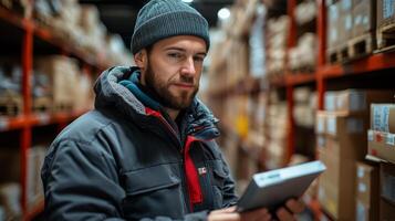 A worker checks inventory on a device surrounded by shelves filled with boxes in a distribution hub, focusing on fulfilling orders efficiently. photo
