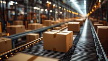 Boxes move along a conveyor belt in a busy logistics hub where sorting and inventory management take place efficiently to fulfill orders on time. photo