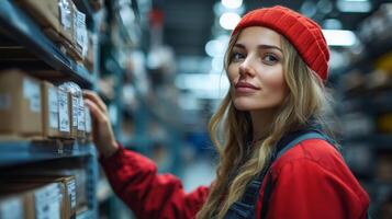 A worker in a red beanie inspects boxes on shelves in a warehouse while managing inventory and ensuring efficient logistics processing. photo