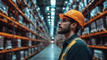 A worker in safety gear inspects the organized shelves of a warehouse filled with inventory. Bright lights illuminate the storage area, highlighting the efficiency of sorting operations. photo