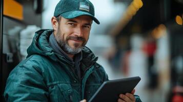 A logistics worker in a green jacket and cap is engaged with a tablet while overseeing fulfillment operations at a warehouse hub during a busy day. photo